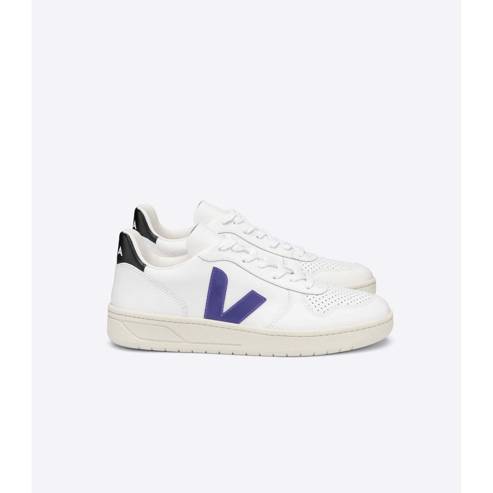 Men\'s Veja V-10 LEATHER Sneakers White/Purple/Black | ZA 328VRW